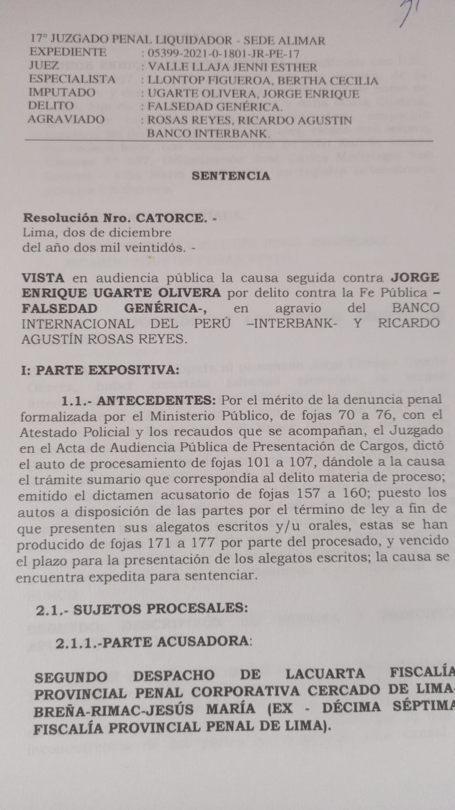 Sentencia completa de Jorge Ugarte cuando se metió a un banco a robar, página 1